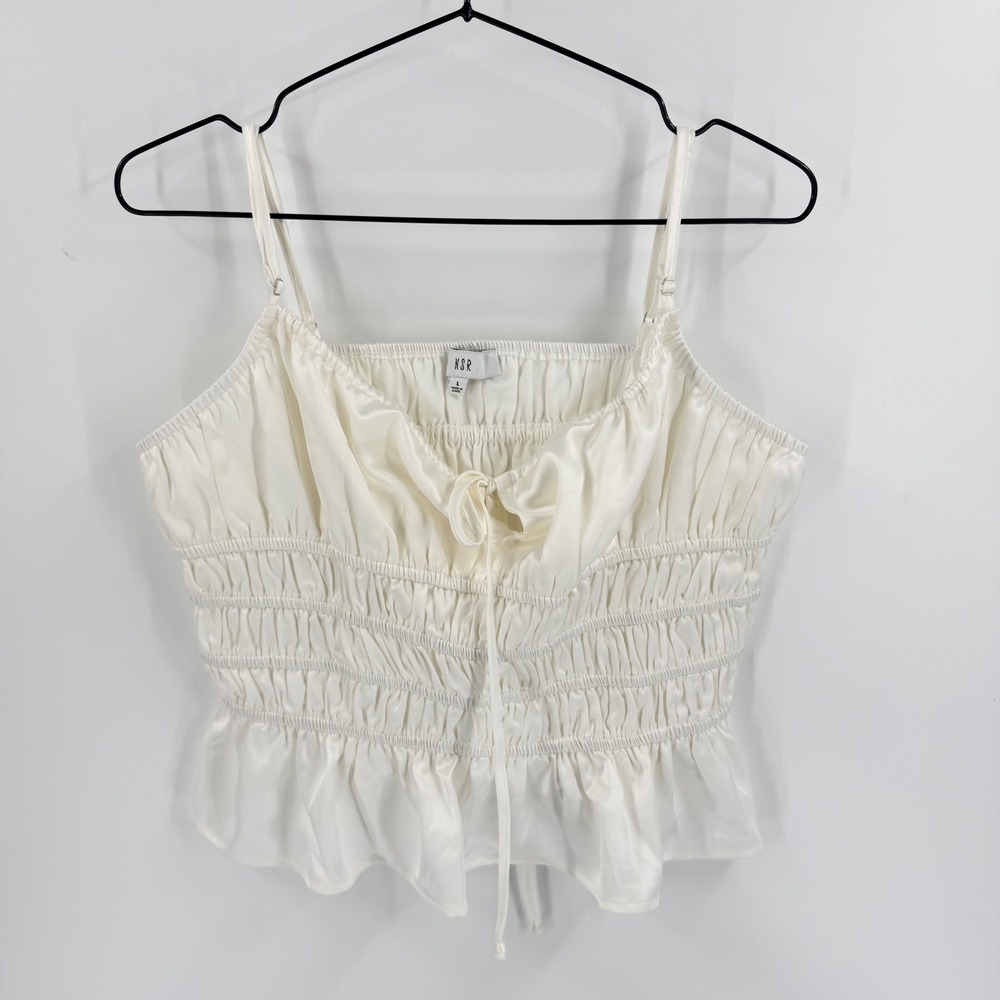 NSR White Smocked Peplum Cami Top Size L Tie Front‎ Coquette Fairy Ballet Poet